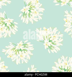 Snow White Agapanthus on Green Mint Background. Vector Illustration. Stock Vector