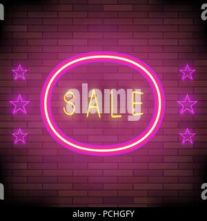 Yellow Neon Sale Sign with Pink Round Frame and Stars Stock Vector