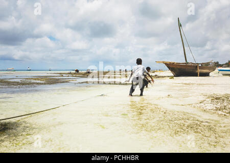 African child in search of seafood in the ocean. Africa, Tanzania, island of Zanzibar Stock Photo