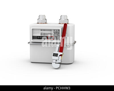 3d illustration of gas meter with pipe wrench isolated white. Stock Photo