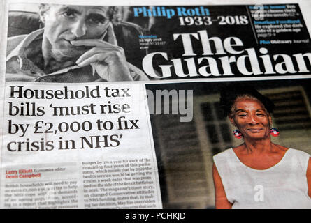 Household tax bills 'must rise by £2,000 to fix crisis in NHS'  Guardian newspaper headline May 2018 London UK Stock Photo