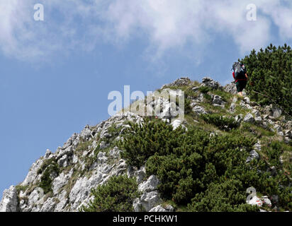 Hiker going up steep path in the alps Stock Photo