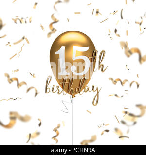 Happy 15th birthday gold balloon greeting background. 3D Rendering Stock Photo