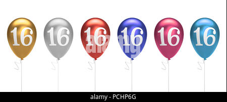 Number 16 birthday balloons collection gold, silver, red, blue, pink. 3D Rendering Stock Photo