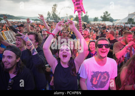 BONTIDA, ROMANIA - JULY 18, 2018: Crowd of people having fun at a Delinquent Habits hip hop concert during Electric Castle festival Stock Photo
