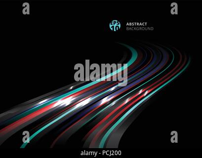 Abstract perspective technology striped blue, red color lines with lighting effect on black background. Vector illustration Stock Vector