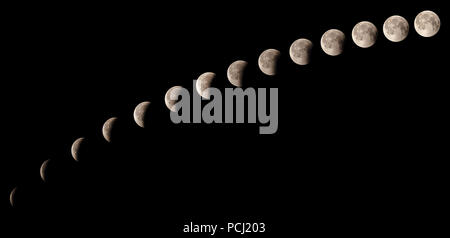 Time series of lunar eclipse on July 27 2018, sequence of phases from 11:20 pm to 12:31 am, captured in Cairo, Egypt Stock Photo