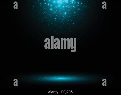 Dark stage background with blue rays of spotlight and falling sparkling. Shimmering light dust shining. Vector illustration Stock Vector
