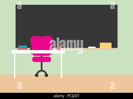 Black chalkboard with chalk and sponge, table with chairs and books in classroom with green wall and space for your text - vector Stock Vector