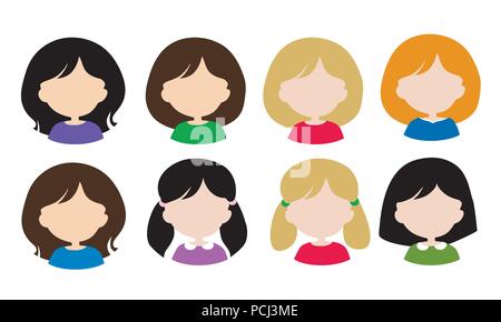 Set flat design of female avatars - head with hair without face, with different hair styles and hair color - vector, usable for web or social networks Stock Vector