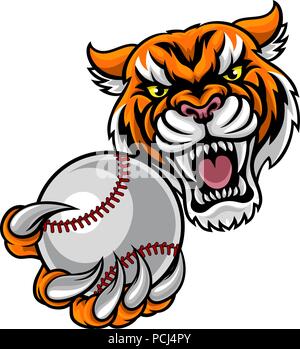 Tiger Holding Baseball Ball Mascot Stock Vector