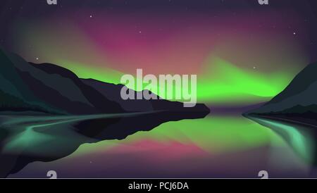 Northern lights glowing over a mountain lake. Vector illustration. EPS 10 Stock Vector
