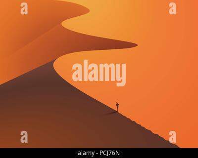 In a desert dunes with a man in the foreground. Sunset landscape. Vector EPS 10 Stock Vector