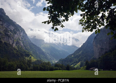 On the floor of the spectacular upper Lauterbrunnen valley near Stechelberg, with the Lauterbrunnen Wall blocking the head of the valley, Bernese Ober Stock Photo