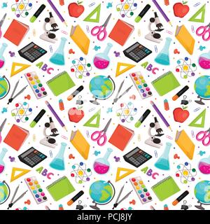 School doodle background. Vector seamless pattern from school elements hand drawn on squared background. Back to school backdrop in sketch style. Stock Vector