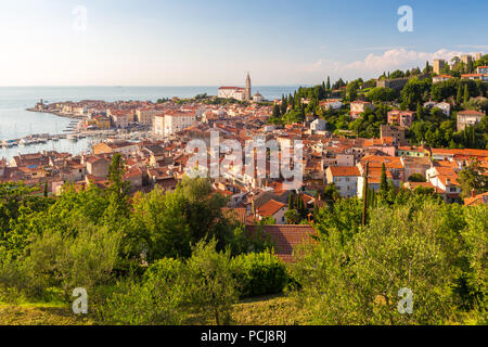 Panoramic view of old town Piran. Splendid summer day on Adriatic Sea. Beautiful cityscape of Slovenia, Europe. Traveling concept background. Magnific Stock Photo