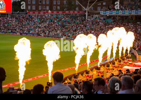 Gas flame burners burner being fired in celebration during a 20 / 20 day / night match at The Kia Oval Cricket Ground, Kennington, London. UK. (100) Stock Photo