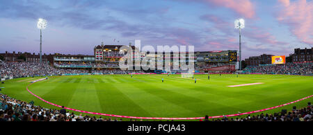 The Micky Stewart Members' Pavilion overlooking 20 20 day night match and the cricket pitch / wicket of The Oval cricket ground (The Kia Oval) Vauxhall, London. UK. (100) Stock Photo