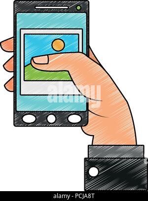 Hand holding smartphone with picture on screen scribble Stock Vector