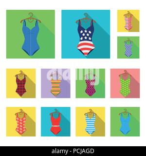 Different types of swimsuits flat icons in set collection for design. Swimming accessories vector symbol stock  illustration. Stock Vector