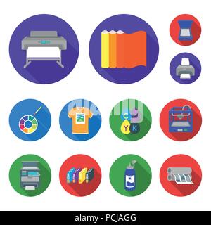 Typographical products flat icons in set collection for design. Printing and equipment vector symbol stock  illustration. Stock Vector