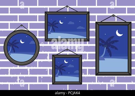 Night summer beach frames on a wall vector Stock Vector
