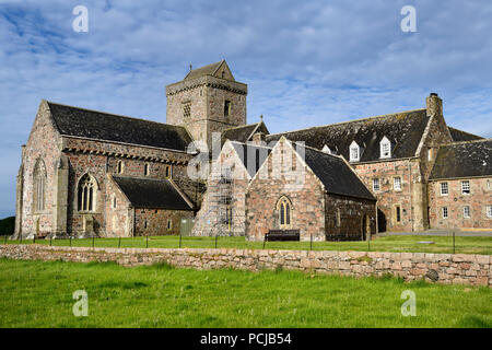 Restoration work of medieval church and monastery of Iona Abbey founded by St Columba on Isle of Iona Inner Hebrides Scotland UK Stock Photo