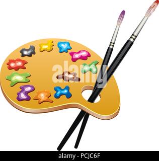 vector wooden art palette with blobs of paint and brushes Stock Vector