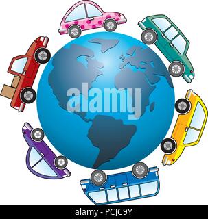 vector cars around earth globe Stock Vector