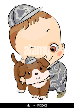 Illustration of a Kid Boy Wearing Army Uniform and Hugging His Pet Dog Stock Photo