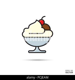 Sundae ice cream dessert in a bowl vector line icon with color fill. Sweet food symbol. Stock Vector