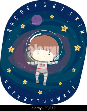 Illustration of a Kid Boy Astronaut Floating in Space with the Alphabet Stock Photo
