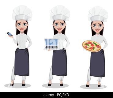 Beautiful baker woman in professional uniform and chef hat, set of three poses. Cheerful cartoon character holding smartphone, holding laptop and hold Stock Vector