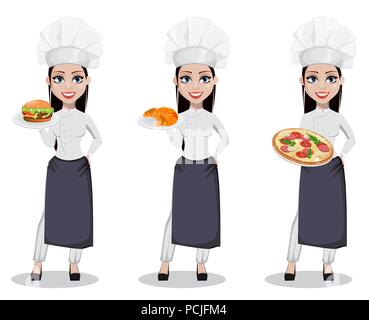 Beautiful baker woman in professional uniform and chef hat, set of three poses. Cheerful cartoon character holding cheeseburger, holding croissants an Stock Vector