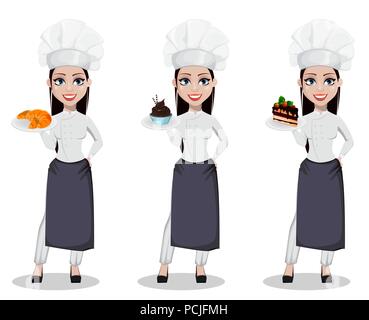 Beautiful baker woman in professional uniform and chef hat, set of three poses. Cheerful cartoon character holding croissants, holding cupcake and hol Stock Vector