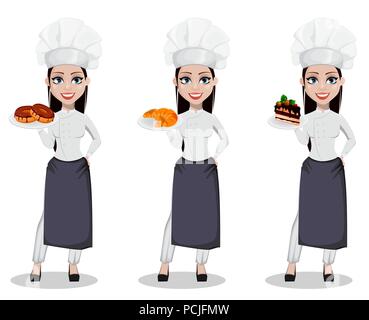 Beautiful baker woman in professional uniform and chef hat, set of three poses. Cheerful cartoon character holding donuts, holding croissants and hold Stock Vector