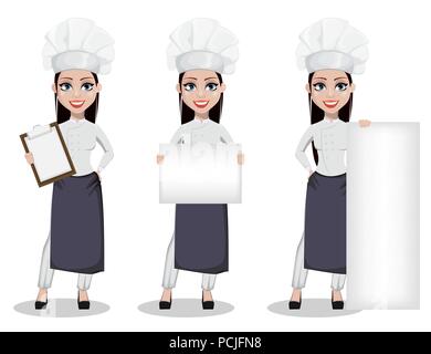 Beautiful baker woman in professional uniform and chef hat, set of three poses. Cheerful cartoon character holding clipboard, holding placard and stan Stock Vector