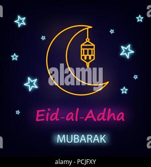 Eid al-Adha greeting card with line lantern, moon and stars, neon effect. Eid Mubarak. Vector illustration on dark background. Stock Vector