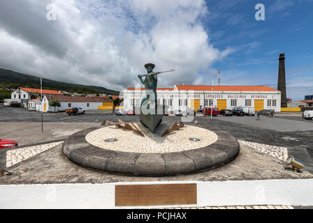 Whale fishing monument in Sao Roque do Pico, and the whaling museum, the Museu da Industria Baleeira, Pico island, Azores, Portugal Stock Photo