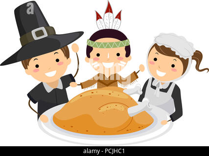 Illustration of Stickman Kids Wearing Pilgrim Costume with Turkey for Thanksgiving Stock Photo