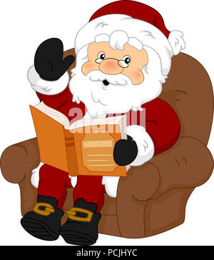 Illustration of a Senior Man Wearing Santa Claus Costume Reading a Book and Telling a Story Stock Photo