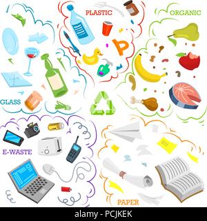 Recycling garbage elements. Sorting and Utilize food waste, metal, paper, plastic, battery, glass, organic. Ecology symbol. Segregation Separation and Industry management concept. disposal refuse bin. Stock Vector