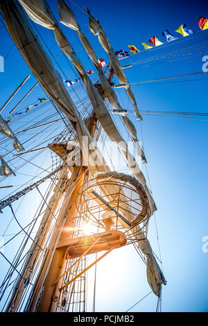 Old sailing ship mast. Old ship vessel Stock Photo