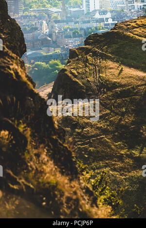 Detail of a part of the Arthur's Seat hill looking over Edinburgh city at sunset. Scotland, United Kingdom. Stock Photo