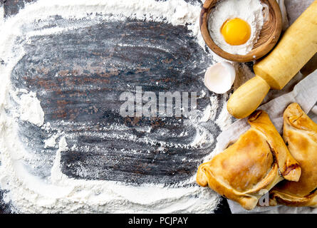 Chilean independence day baking concept. fiestas patrias. Chilean typical EMPANADAS DE PINO for independence day party. Copy space Stock Photo