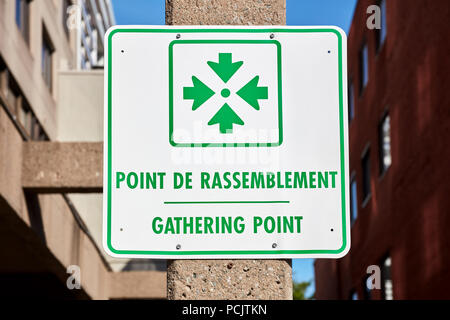 Gathering point sign in English and French (point de rassemblement) mounted on a column between the building blocks in Montreal Quebec Canada Stock Photo