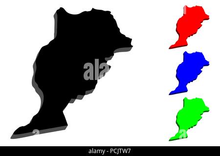 3D map of Morocco (Kingdom of Morocco) - black, red, blue and green - vector illustration Stock Vector