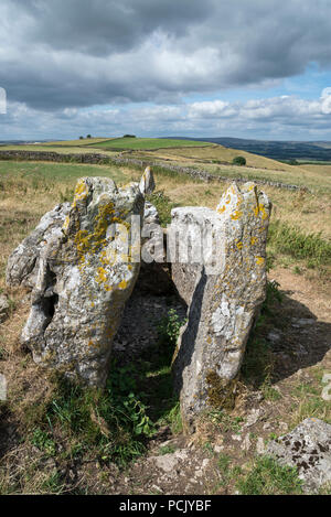 Five wells chambered cairn, Taddington, Derbyshire, England. Remains of a megalithic tomb thought to be the highest example of its kind in Britain. Stock Photo