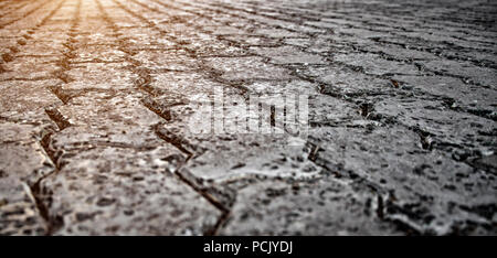 Old paved cobblestone road close-up on a sunset background. Stock Photo