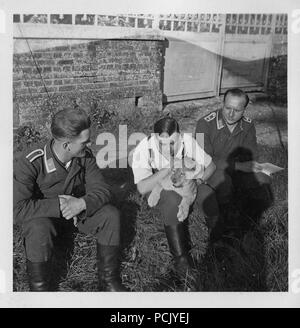 Image from a photo album relating to II. Gruppe, Jagdgeschwader 3: Airmen of II. Gruppe, Jagdgeschwader 3 play with 'Simba', the lion cub mascot of the Gruppe, in the summer of 1940. Stock Photo